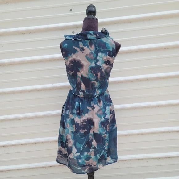 Ann Taylor LOFT Gray Turquoise Blue Watercolor Sheath Ruffle Dress V-Neck Sz 6 - Picture 7 of 12